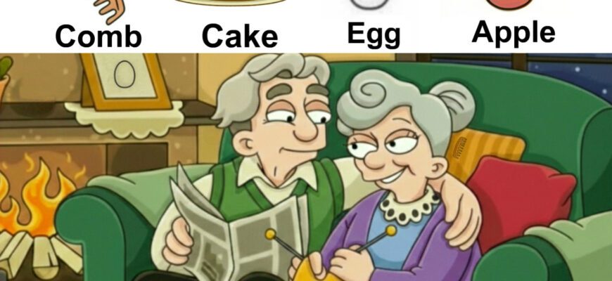 Find Comb, Cake, Egg, Apple.