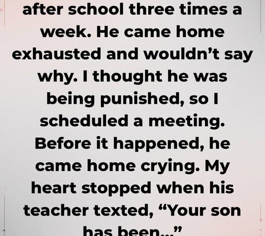 My son’s teacher kept him after school three times a week. He came home exhausted and wouldn’t say why. I thought he was being punished, so I scheduled a meeting. Before it happened, he came home crying. My heart stopped when his teacher texted, ‘Your son has been…’