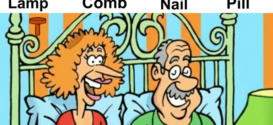 Find Lamp, Comb, Nail, Pill.