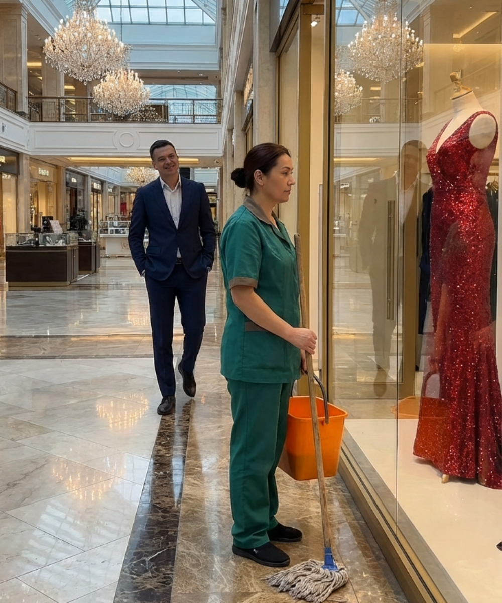 Seven years after leaving each other, he discovered his ex-wife working as a cleaner, her eyes fixed on a million-dollar dress in the window.