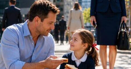 A single father offered half of his simple sandwich to a lonely little girl sitting on the steps of a busy building, unaware that her mother—a powerful CEO—was quietly standing just behind them, watching everything unfold.