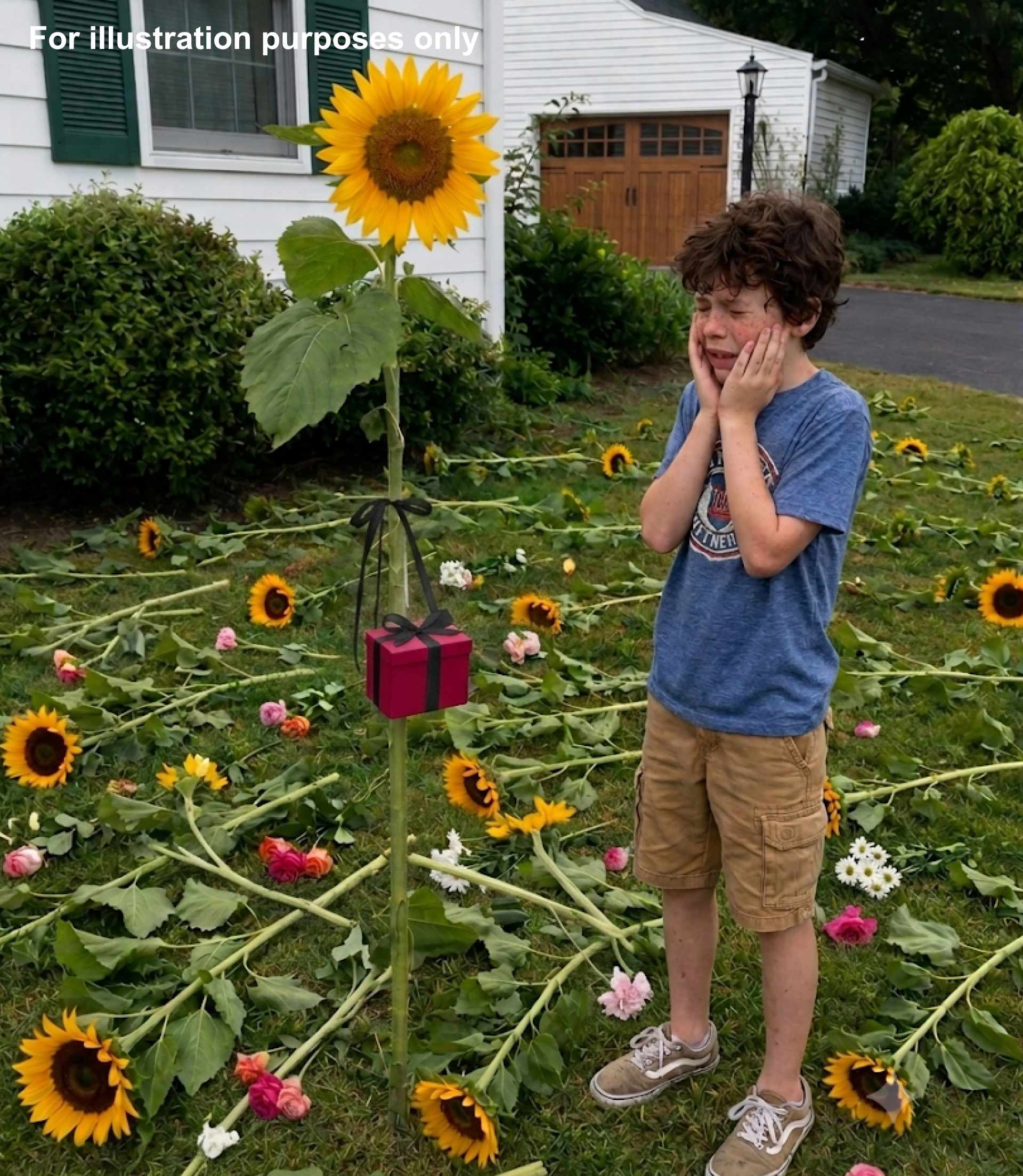 My son planted sunflowers for the twin sister he lost — six years later, someone cut them down and left a red box hanging from it