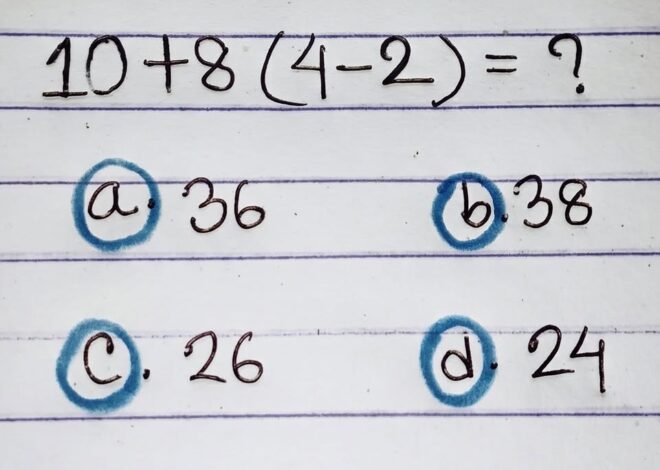 Handwritten Math Puzzle: 10 + 8(4 – 2)