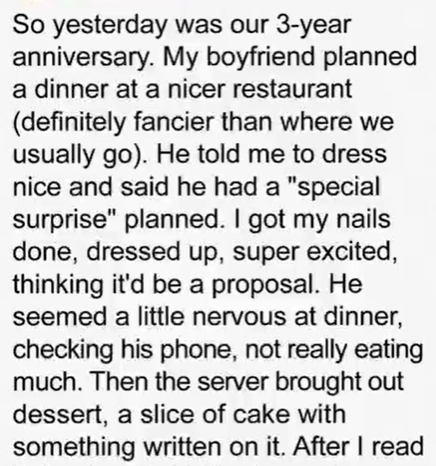 I Thought Our Anniversary Dinner Would Be a Proposal – But My Boyfriend Ended Up Embarrassing Me in the Worst Way