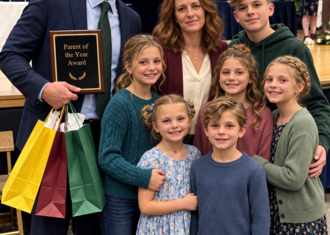 My Husband Accepted “Parent of the Year” for Raising Our Six Kids While I Sat Alone Ten Rows Back – Then Our 7-Year-Old Grabbed the Microphone and Asked One Question That Made the Whole Room Go Silent