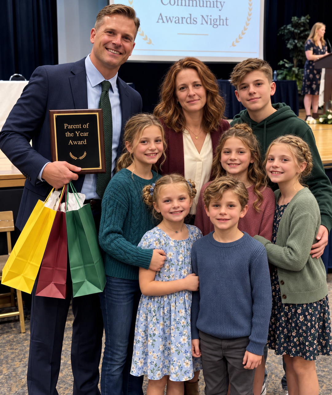 My Husband Accepted “Parent of the Year” for Raising Our Six Kids While I Sat Alone Ten Rows Back – Then Our 7-Year-Old Grabbed the Microphone and Asked One Question That Made the Whole Room Go Silent